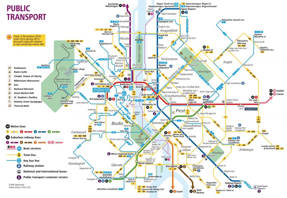mappa di budapest, mezzi di trasporto pubblico